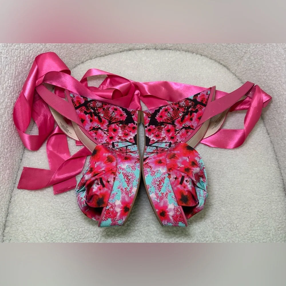 Kirna Zabete wedge platform pink floral flowers ballerina satin leg wrap tie bow